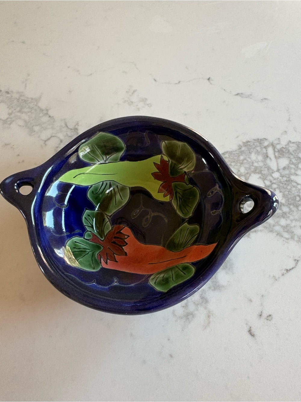 Hand-Painted Blue Ceramic Serving Bowl with Green and Orange Floral Design